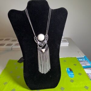NWOT Bohemian Silver-Tone Fringe Pendant Necklace with White Stone Accent